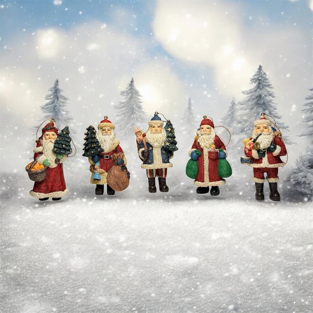 Santa Christmas Ornaments Lot Of 5 Santa’s W/ Gifts Multicolored Resin 3" tall